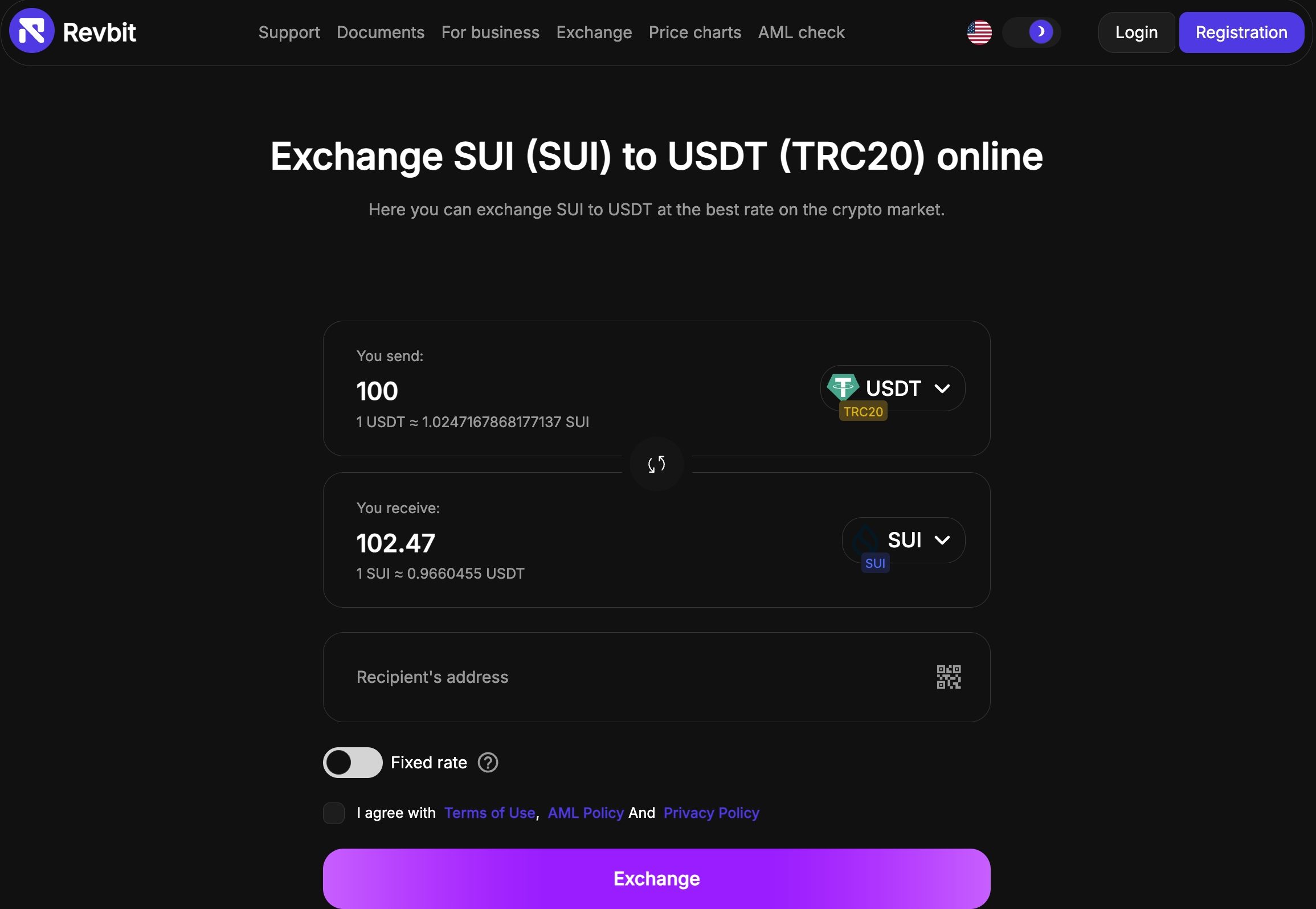 exchange sui to usdt revbit