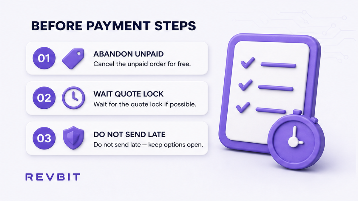 Workflow steps: abandon unpaid order, wait for quote lock, never send late