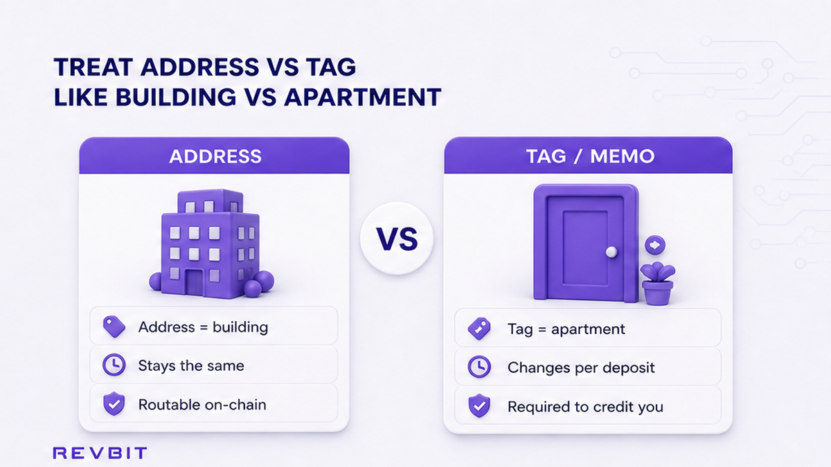 Comparison card: crypto address as building versus destination tag as apartment