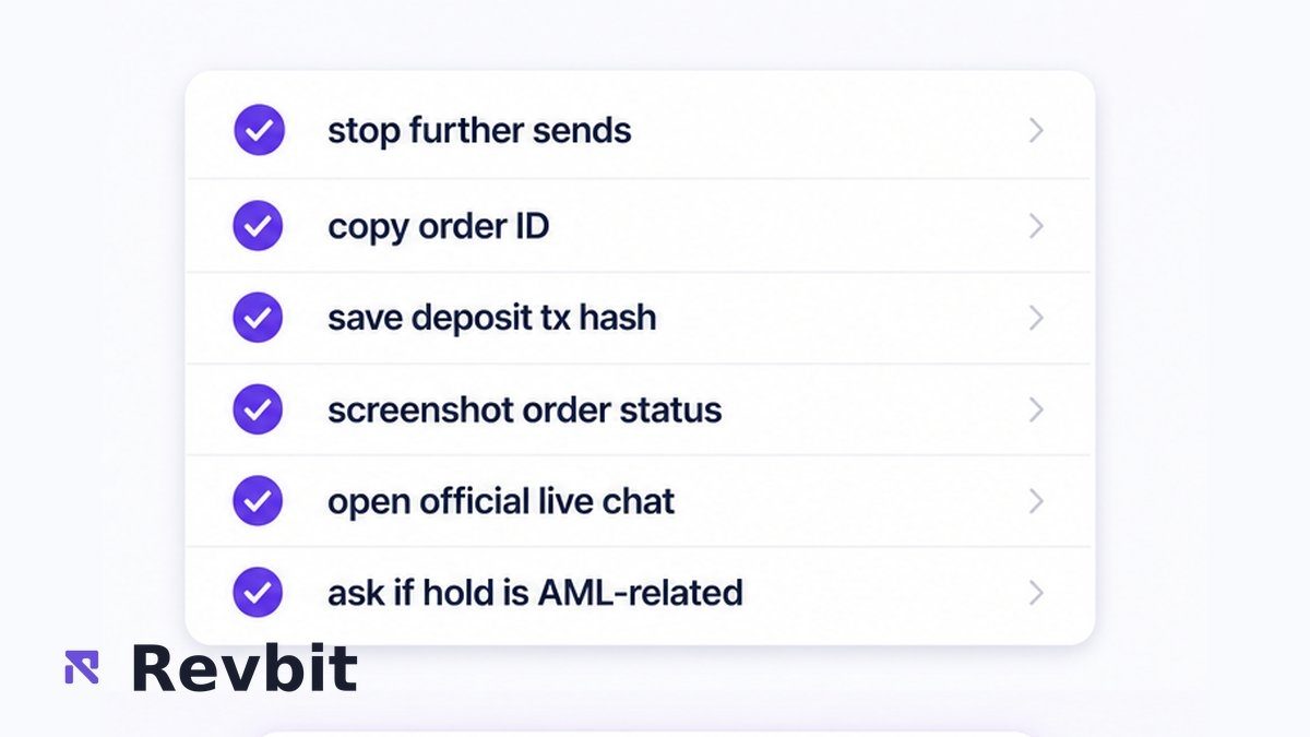 Checklist board for confirming geo and stopping sends after a flagged crypto AML order