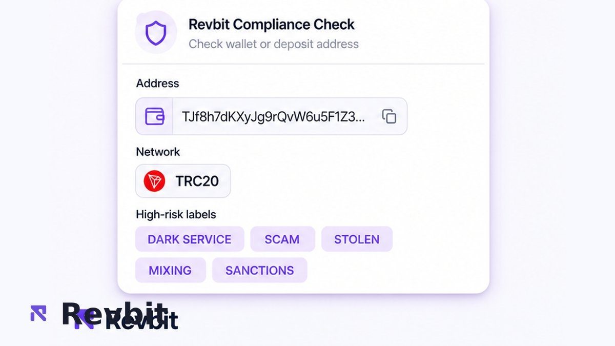 Address and network chips with high-risk label badges for wallet AML screening UI