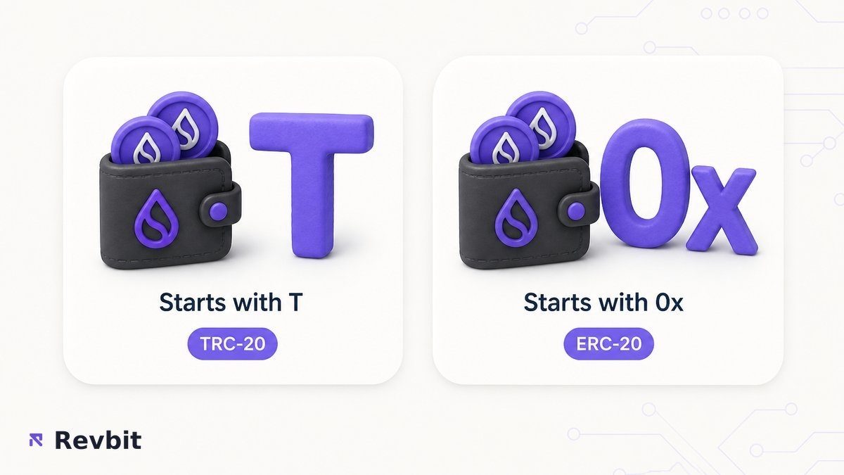 Two address cards: Tron addresses start with T, Ethereum addresses start with 0x