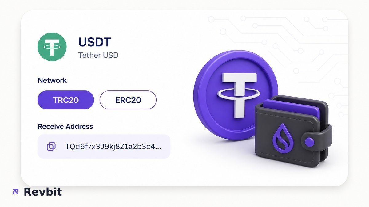 Wallet receive card with USDT network pills TRC20 selected and ERC20 available