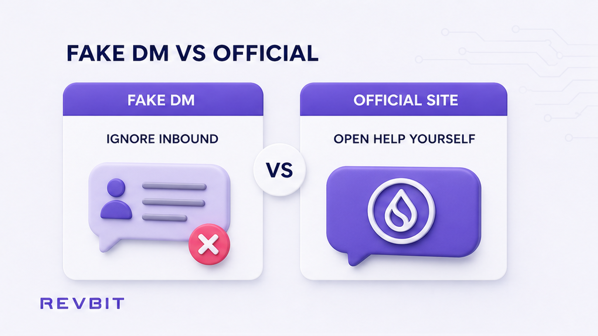 Comparison card: fake inbound messenger DM versus opening help on the official site