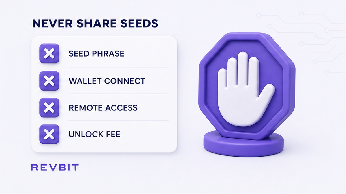 Checklist board: never share seed, connect wallet, remote access, or pay unlock fees
