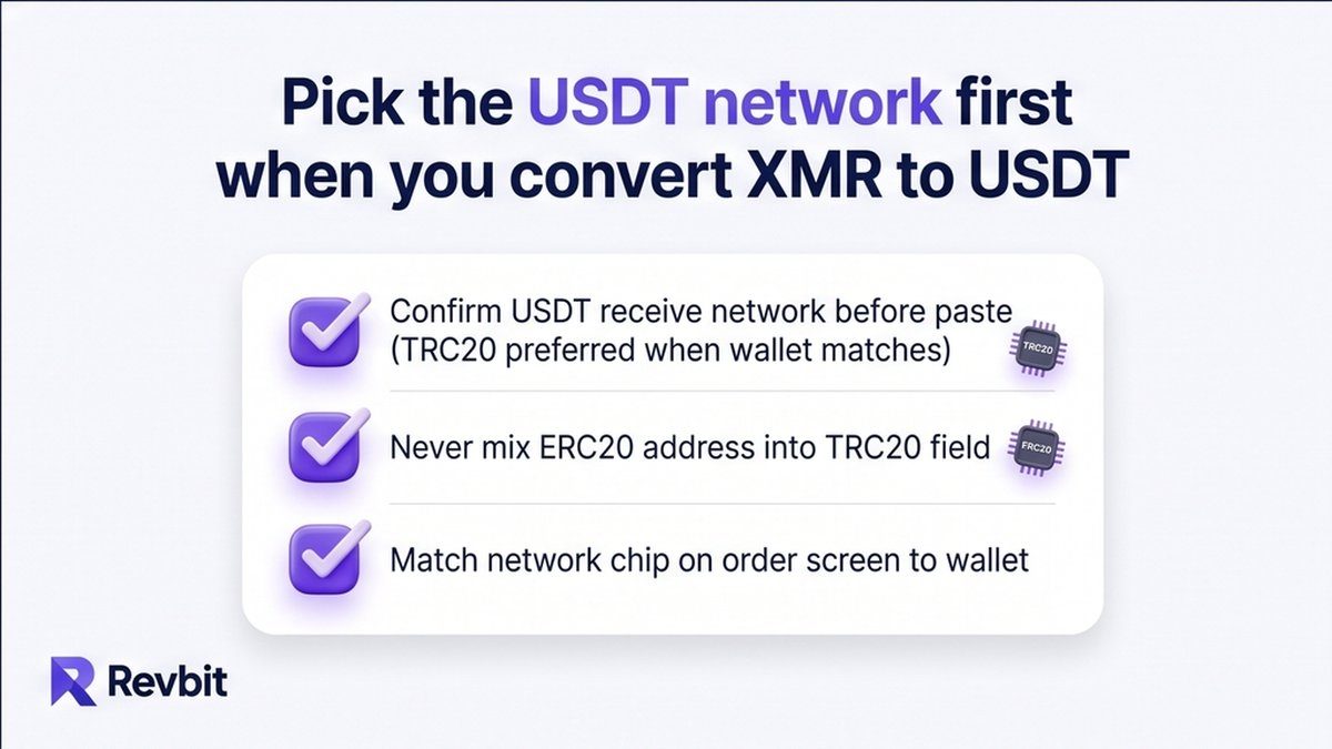 Checklist to pick the USDT receive network before converting XMR to USDT