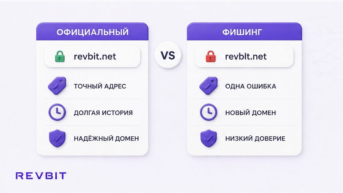 Сравнение: официальный URL с галочкой и фишинг-адрес с опечаткой