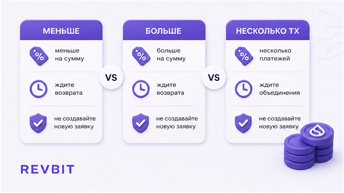 Сценарии депозита: меньше заявки, больше или несколько платежей