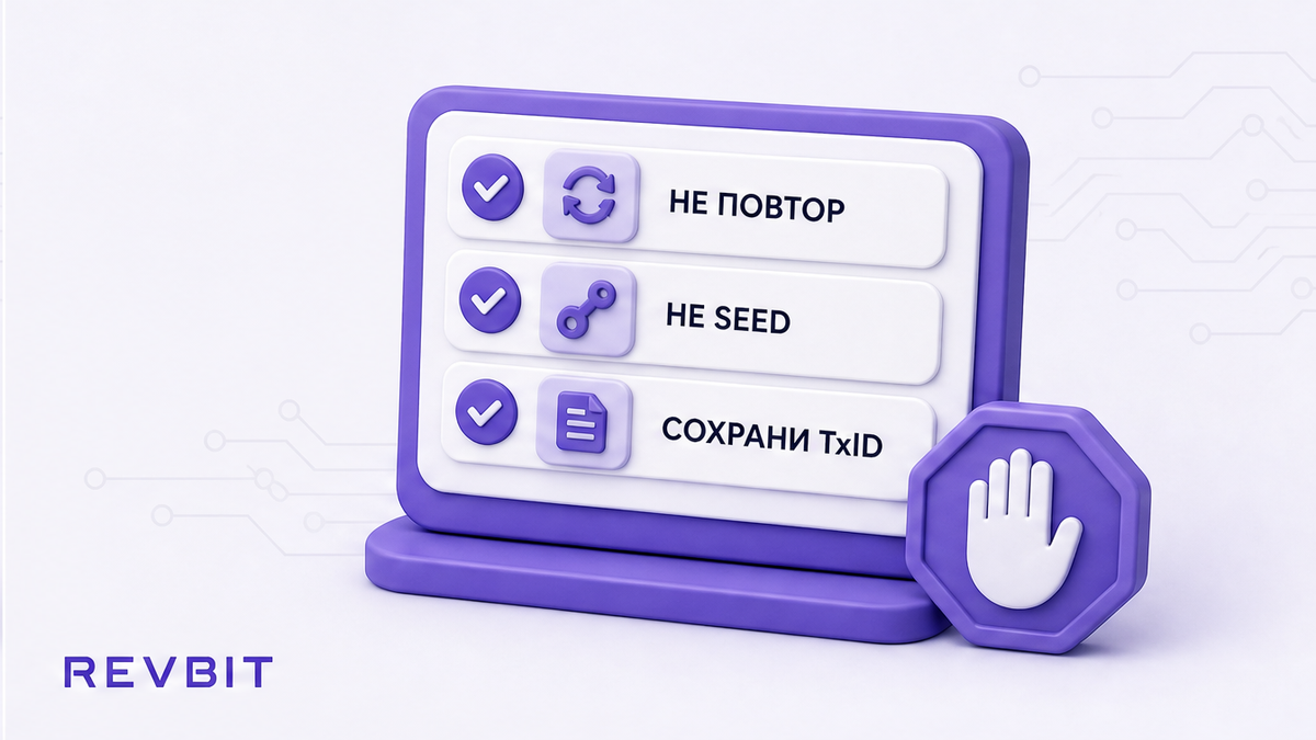 Чеклист: не слать повтор, не отдавать seed, сохранить TxID