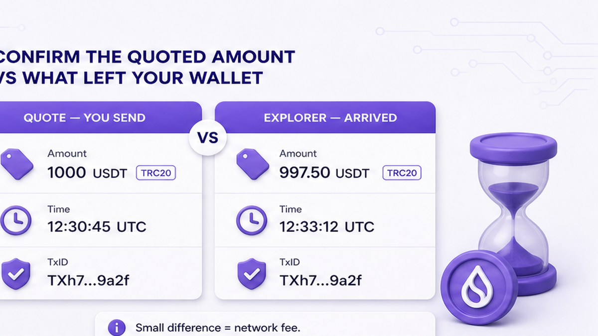 Comparison UI: quoted You send amount versus explorer-arrived deposit