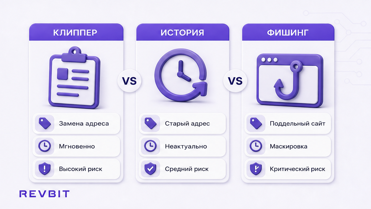 Три сценария потери: клиппер в буфере, похожий адрес в истории, фишинг-сайт