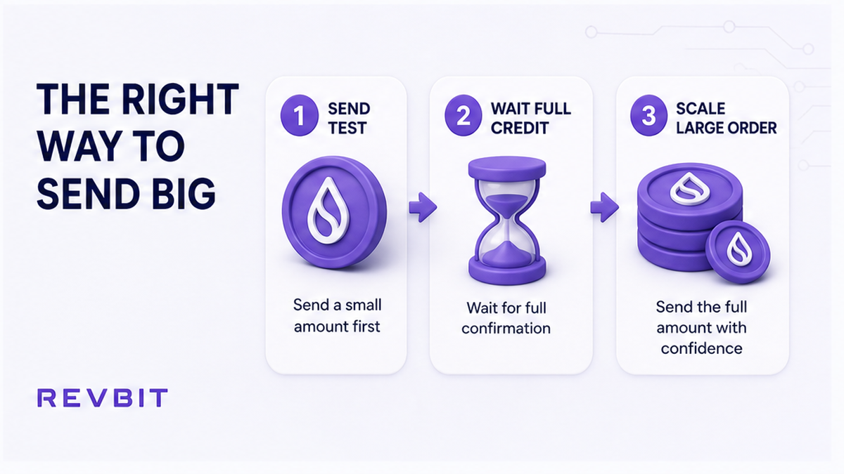 Workflow: send test, wait for full wallet credit, then scale the large order