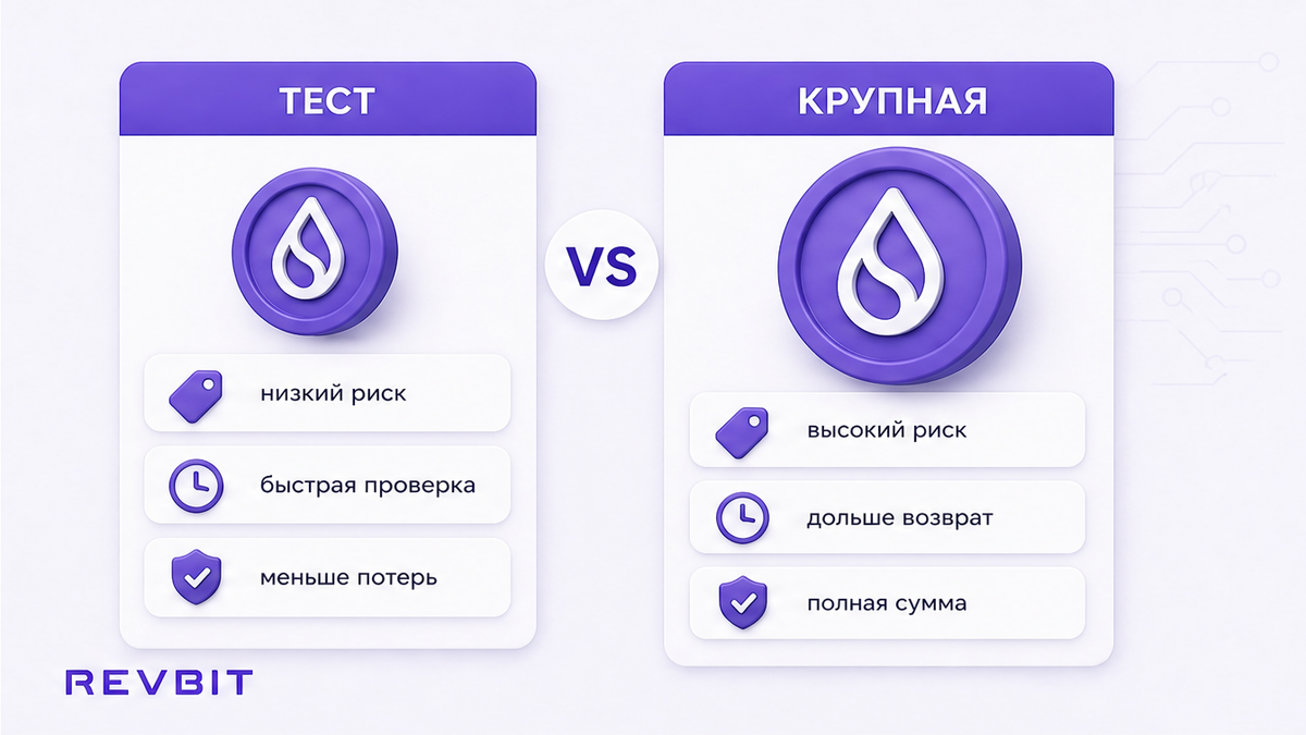 Сравнение: малый тестовый обмен против риска крупной суммы без проверки
