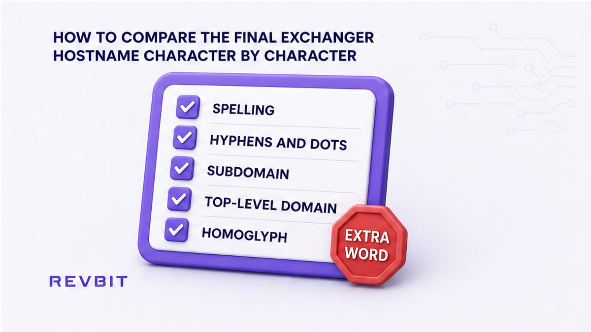 Checklist board for comparing spelling, punctuation, subdomain, suffix, and homoglyphs on an exchanger hostname