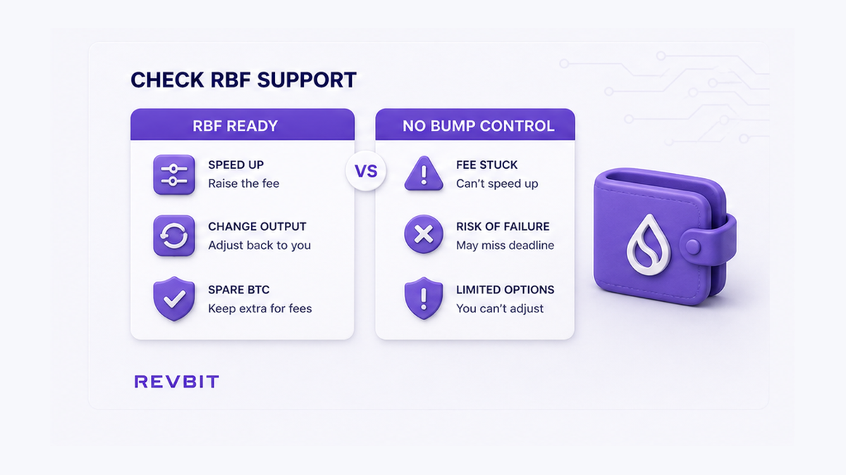 Comparison of a Bitcoin wallet ready for RBF and one without a fee-bump control