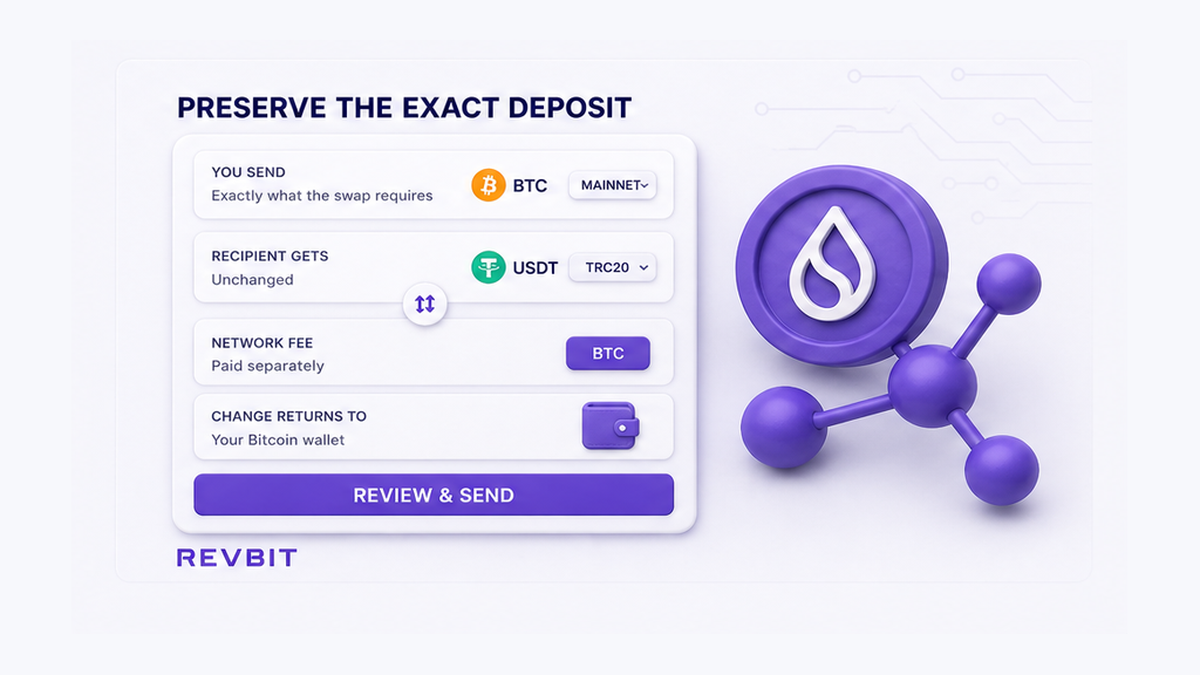 Bitcoin send review showing the exact swap deposit and a separate network fee