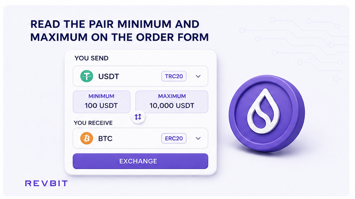 Swap order form mock showing the live minimum and maximum for the selected pair and network