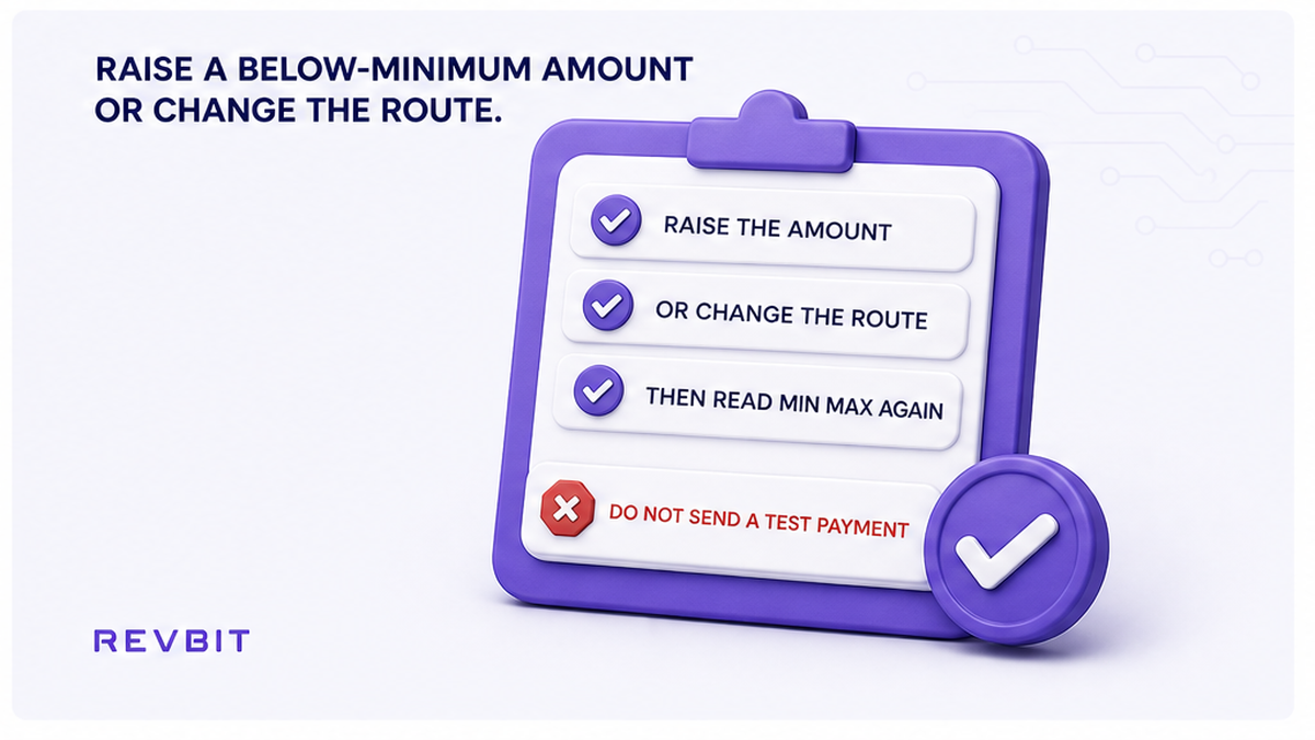 Checklist for raising a below-minimum amount or changing the swap route before sending
