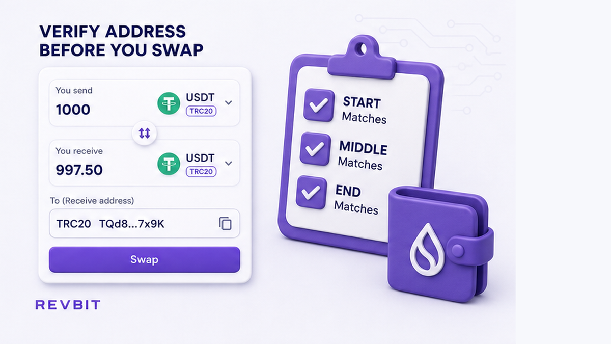 Checklist board: match start, middle, and end of pasted swap address vs wallet Receive