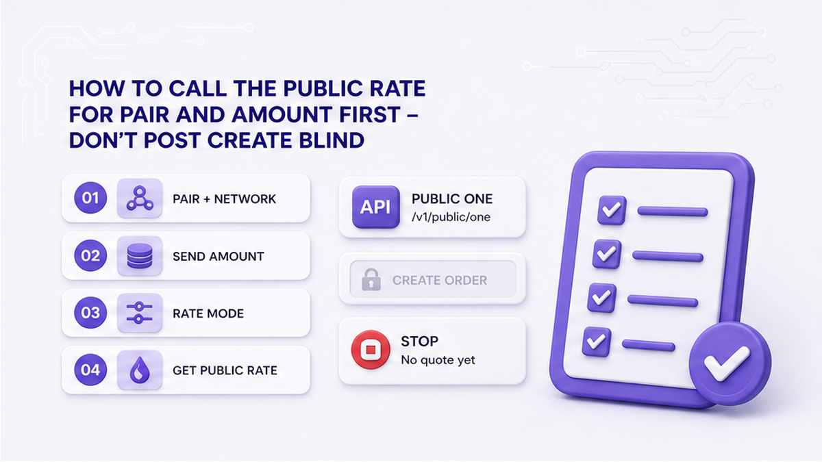 Four-step workflow: resolve pair, set amount, choose rate mode, then GET the public rate