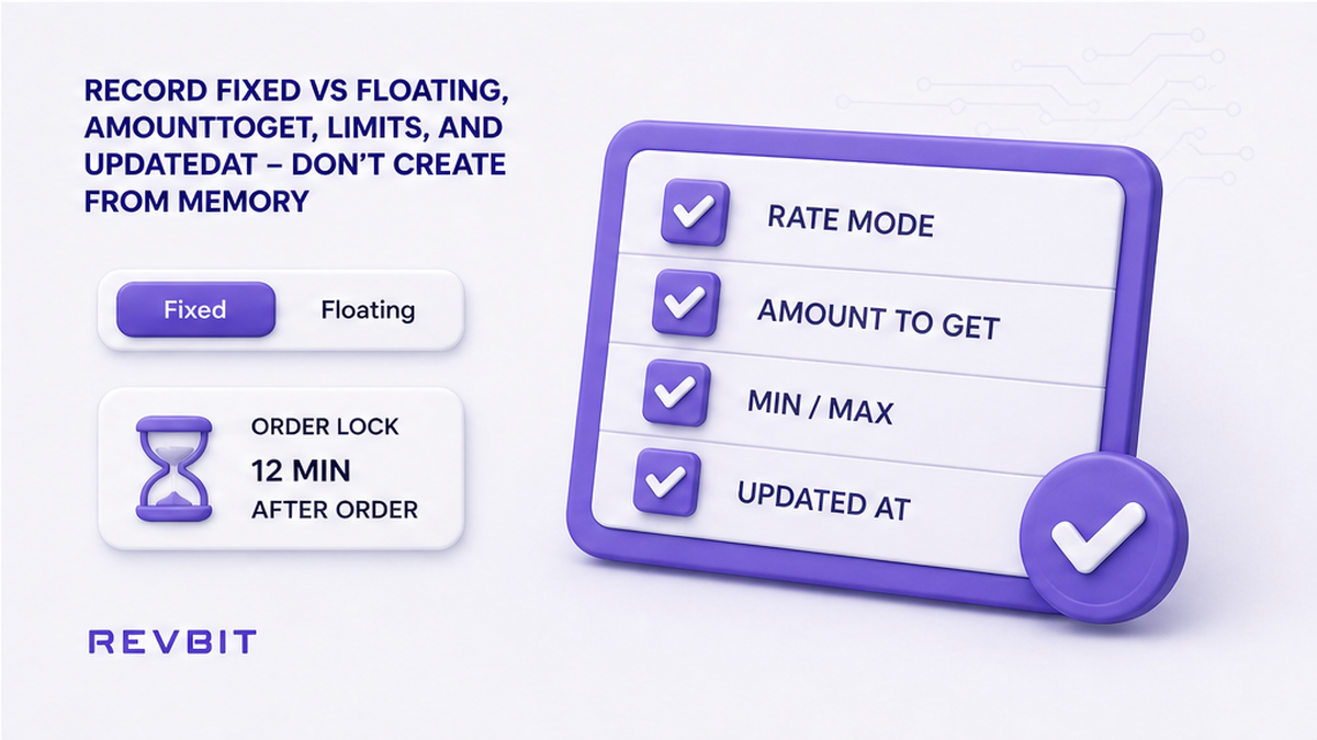 Checklist board for recording rateMode, amountToGet, limits, and updatedAt before create-order