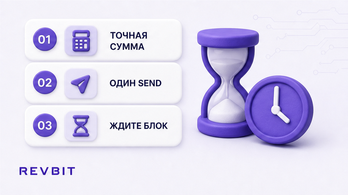 Три шага: точная сумма BTC, один перевод и ожидание блока