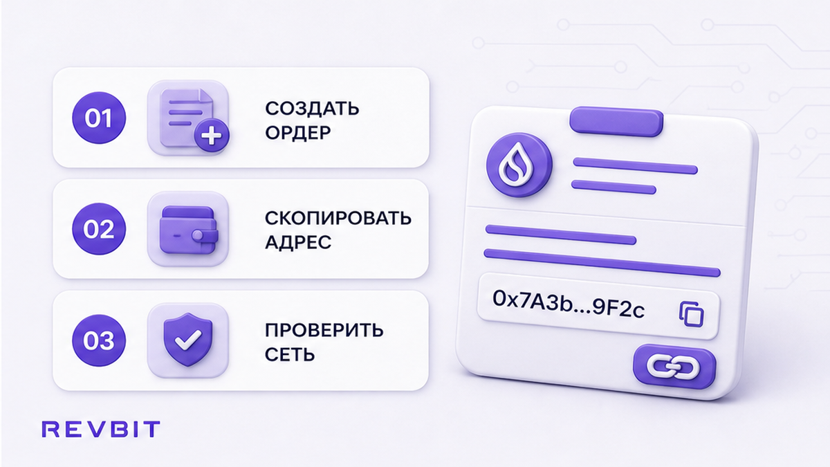 Три шага: создать заявку, скопировать адрес и сверить сеть из UI ордера