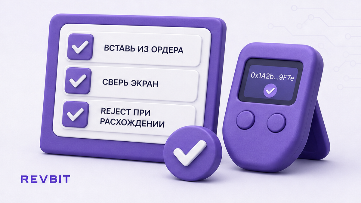 Чеклист сверки адреса: вставить депозит из ордера и подтвердить строку на экране устройства