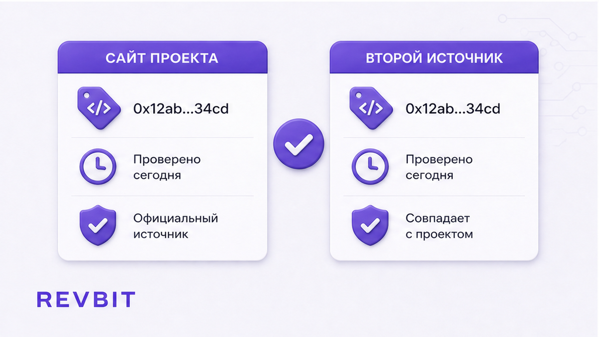 Сверка адреса контракта на сайте проекта и во втором источнике