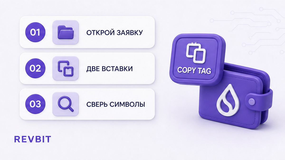 Три шага: открыть заявку, две вставки адреса и тега, сверка символов