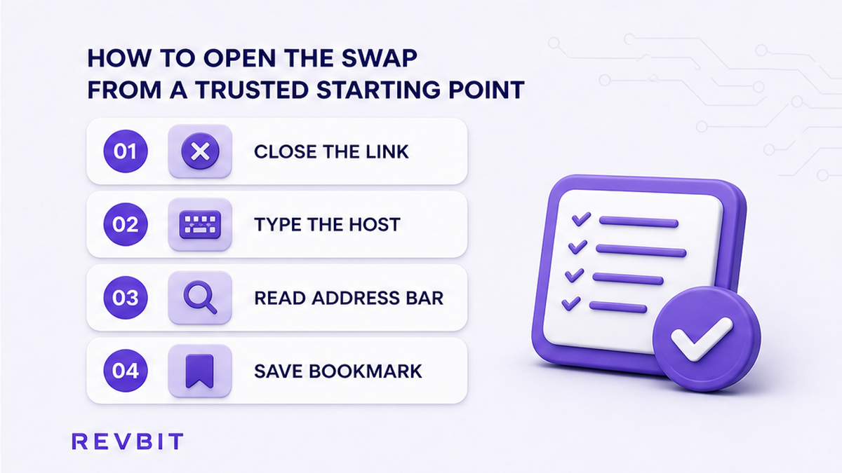 Four-step workflow: close an unsolicited link, type the hostname, read the address bar, then save a bookmark