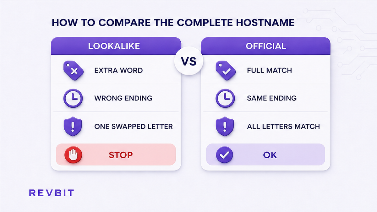 Comparison of a lookalike hostname with extra words or a wrong ending versus an exact official host match