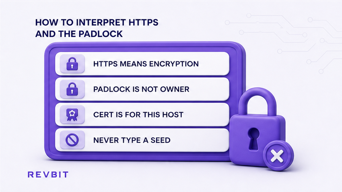 Checklist showing HTTPS and the padlock as encryption signals, not proof that a swap domain is official