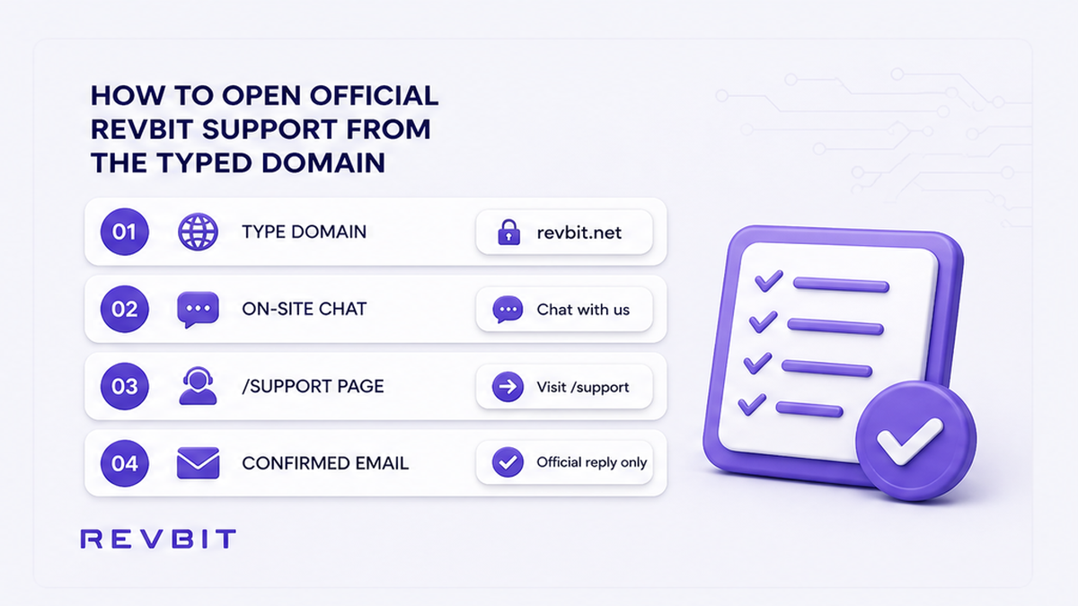 Four-step workflow: type the domain, open on-site chat, use /support, then confirmed email