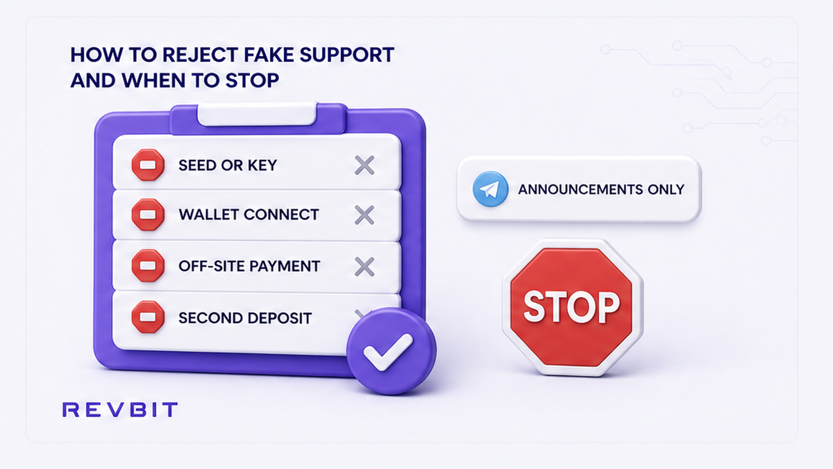 Checklist board of fake-support stop rules: seed, wallet connect, off-site pay, second deposit