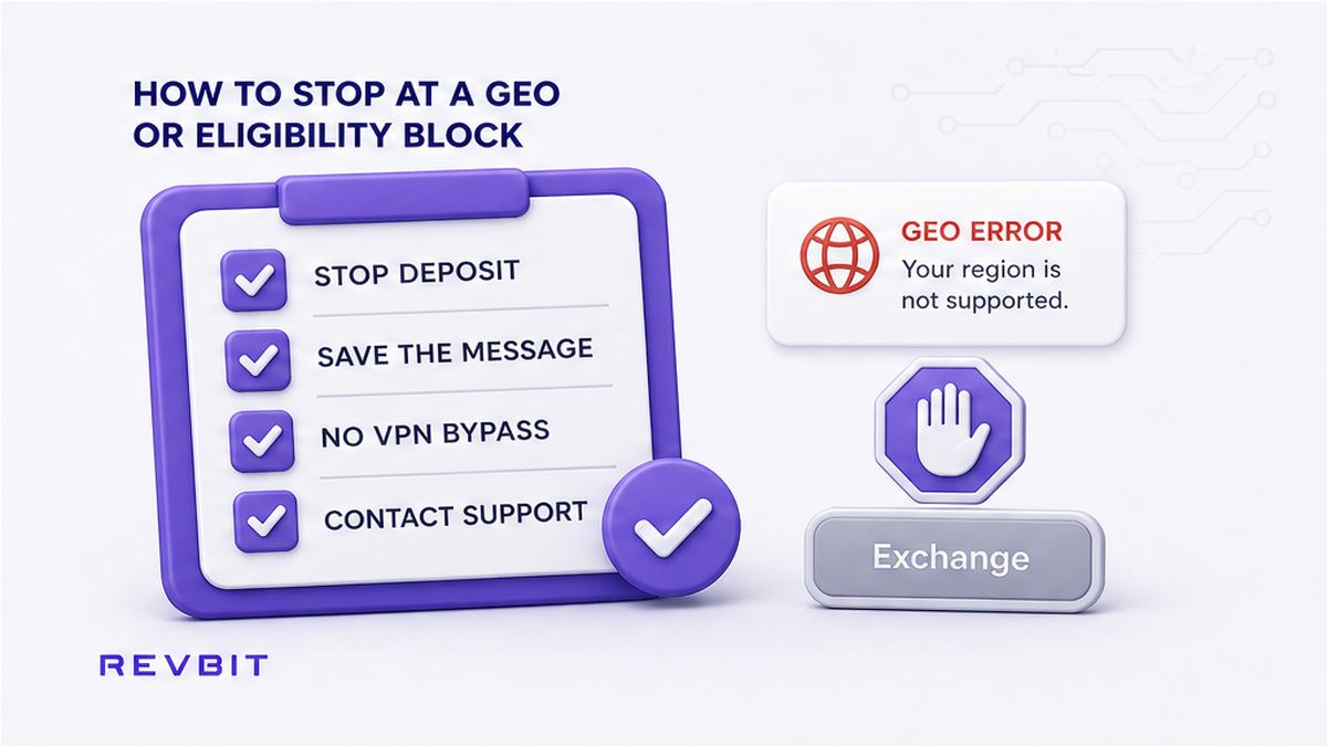 Checklist board to stop at a geo block: do not deposit, save the message, skip VPN, contact official support