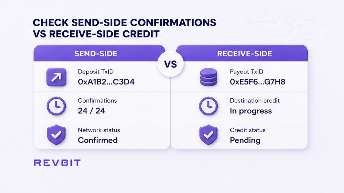 Comparison card: send-side deposit confirmations versus receive-side payout credit