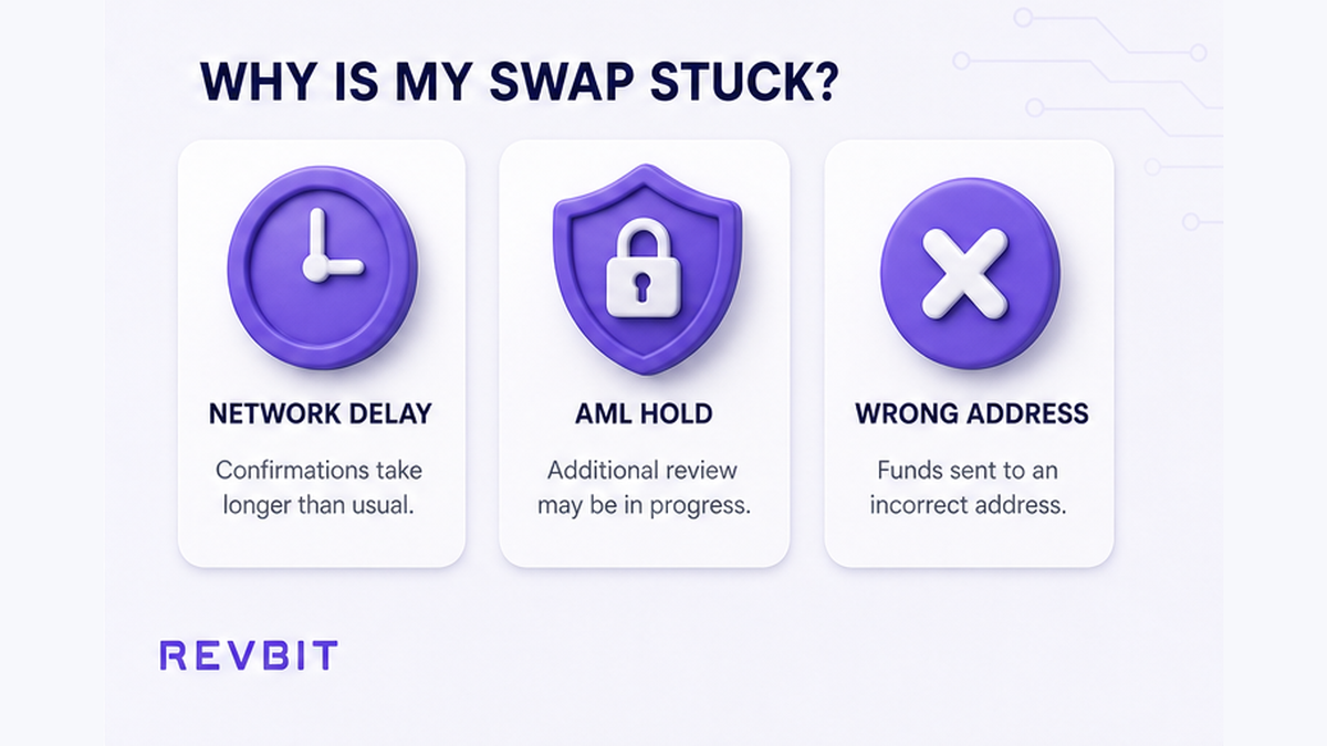 Three status cards separating network delay, AML hold, and wrong address cases