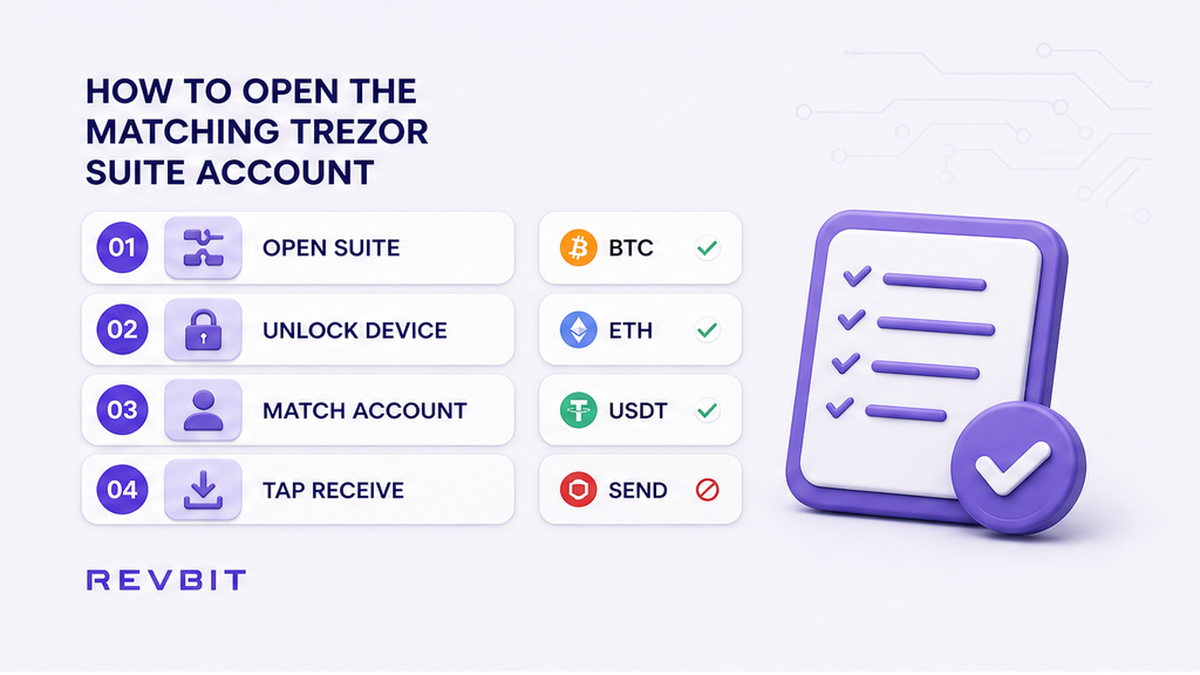 Four-step workflow to open the matching Trezor Suite account and tap Receive