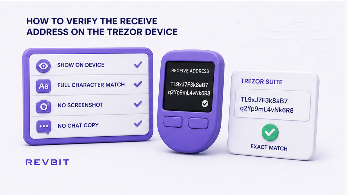 Checklist to verify the Trezor receive address on the device screen before copying