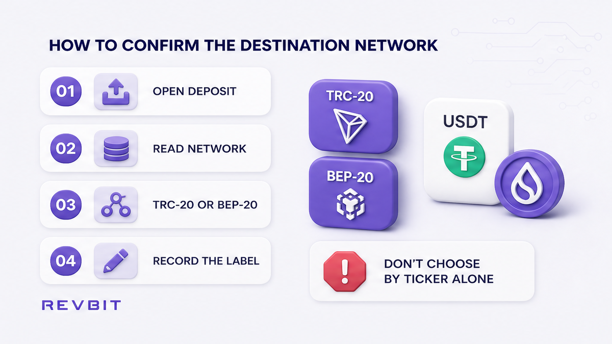 Four-step workflow to confirm whether the destination accepts USDT on TRC-20 or BEP-20