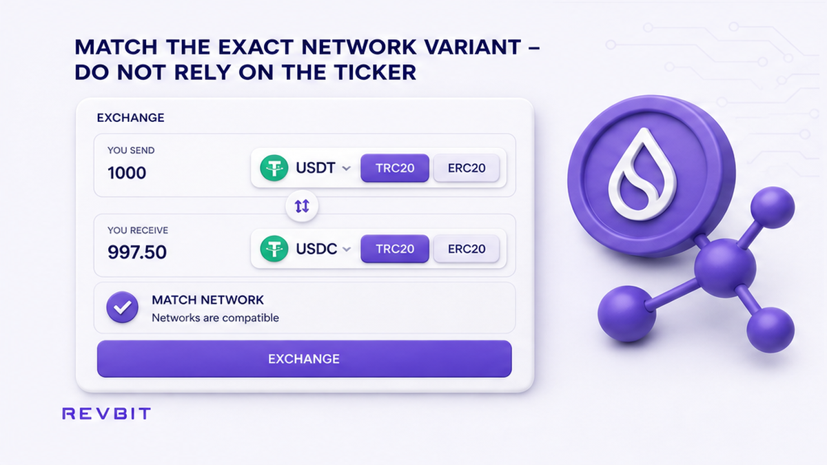 Swap interface matching stablecoin and network variants before sending