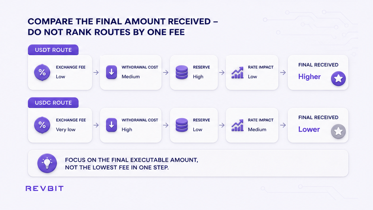 USDT and USDC route cards comparing total costs and final amount received