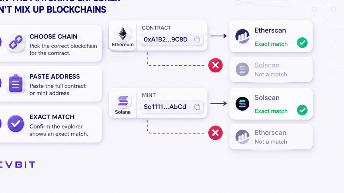 Three-step workflow for opening the correct blockchain explorer and matching a token address