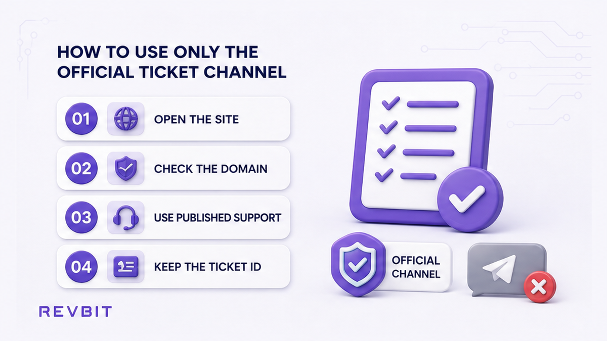 Four-step workflow to open the official site and use only the published support channel