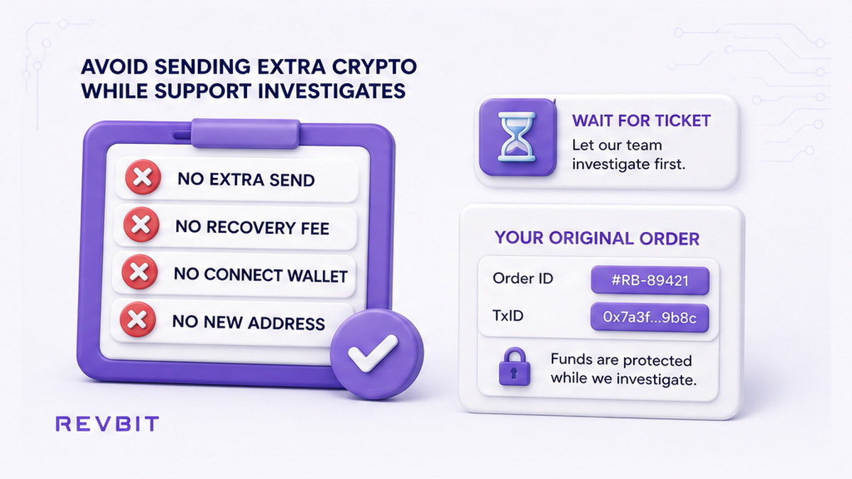Checklist not to send extra crypto, pay a recovery fee, or reuse a new address while support investigates